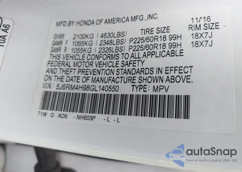 2016 Honda Cr-V Touring z USA, uszkodzony, nr VIN 5J6RM4H98GL140550